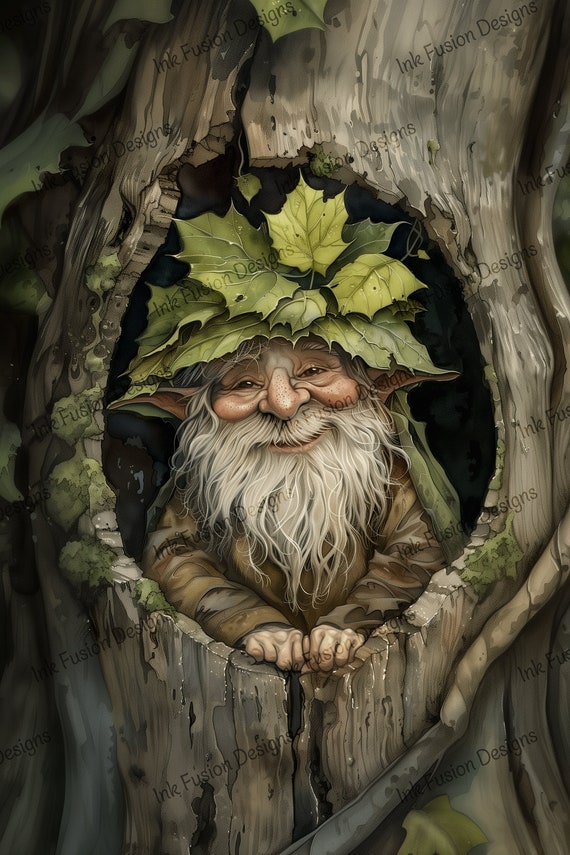 Forest Gnome Art Print: Whimsical Pappy, Leafy Hat (Paper & Size Options)