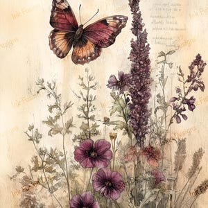 Vleugels over wilde bloemen| Decoratief kunstpapier | Heerlijke vlinder in een veld | Hoge kwaliteit | Meerdere papier- en formaatopties beschikbaar.