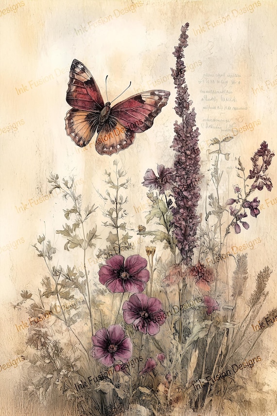 Butterfly Wildflower Art Print: Vintage Watercolor Decorative Paper