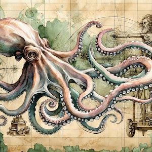 Poignée mécanique du Kraken | Papier d'art décoratif | Aquarelle de poulpe steampunk | Haute qualité | Options de papier et de format