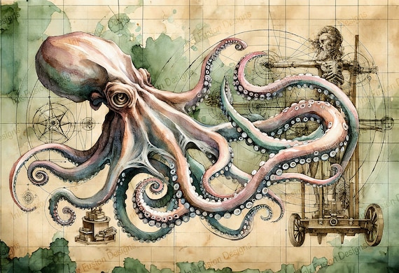 Steampunk Octopus Watercolor Print: Renaissance Technical Drawing
