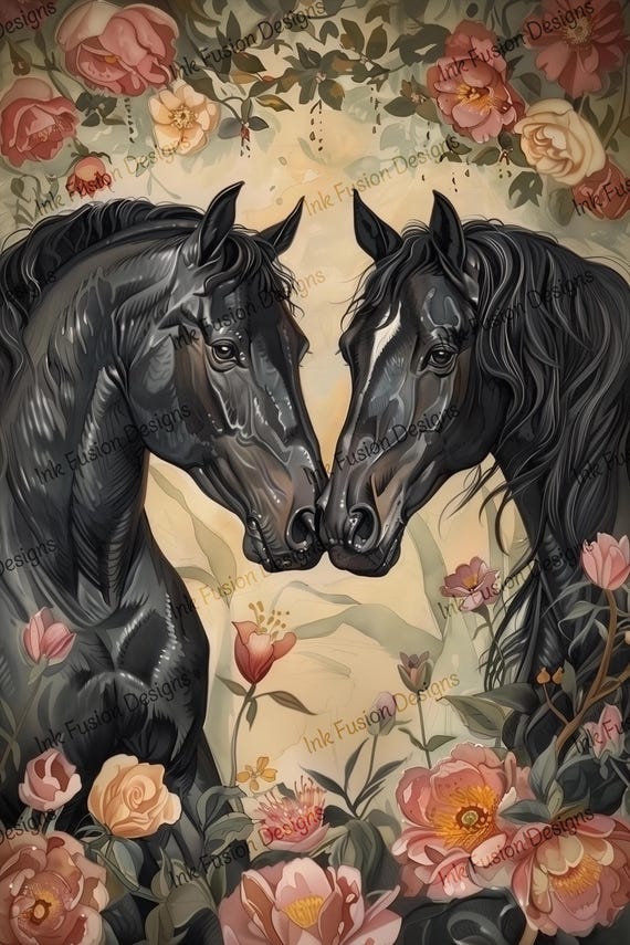 Black Horses Floral Art Print: Vintage Equestrian Decor Paper