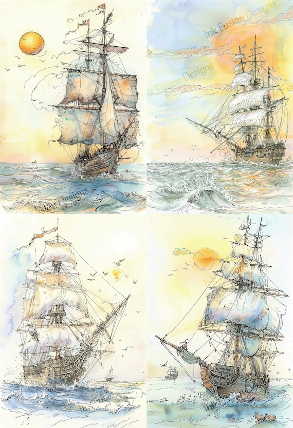 Sailing Ships Art Paper: Nautical Watercolor Decoupage Print