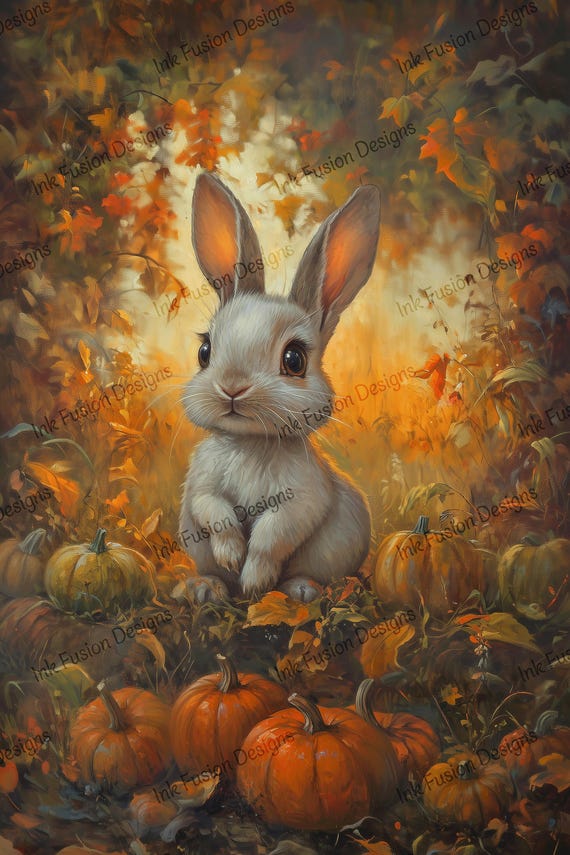 Rustic Autumn Bunny Print: Whimsical Woodland Art Paper