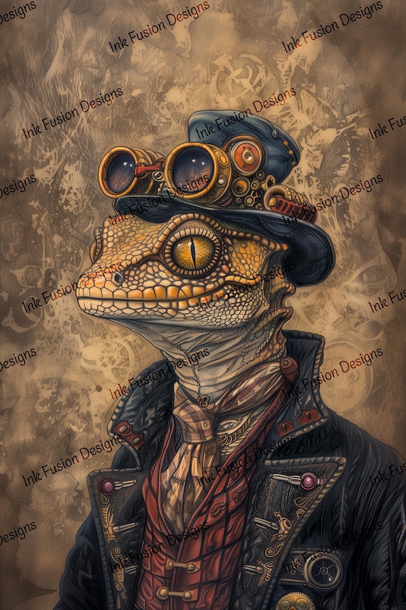 Steampunk Gecko Art Print: Sir Lorenzo Gearscale, Victorian Reptile