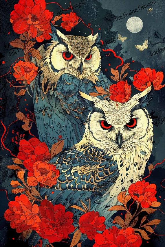 Vermilion Owls Art Print: Night Sky, Red Blossoms