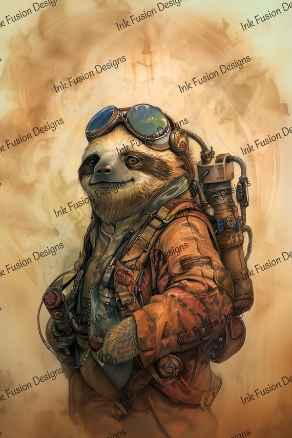 Steampunk Sloth Art Print: Whimsical Aviator Sloth, Decorative Paper