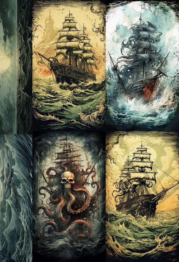 Vintage Sailing Ships Art Print: 5 Panels on 1 Sheet - Stormy Seas Decorative Paper
