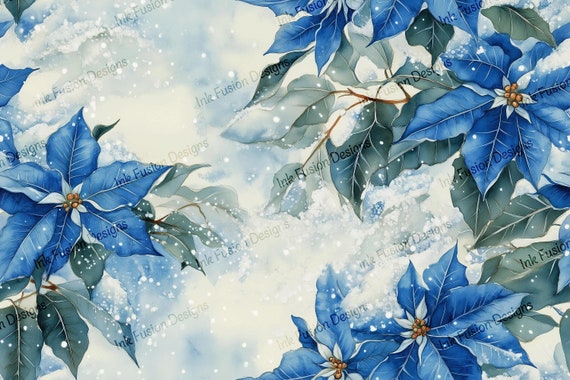 Blue Poinsettia Art Paper: Frosted Winter Floral Design
