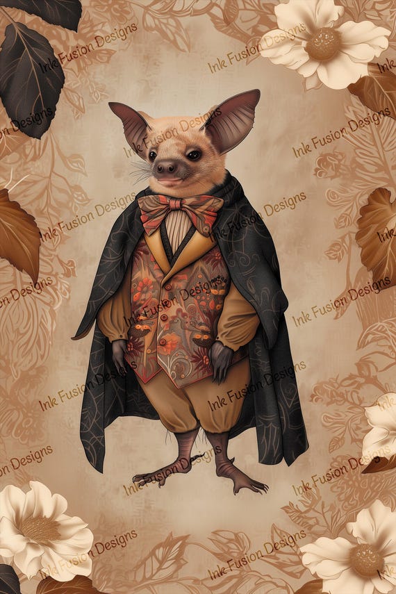 Baron Nocturne | whimsical bat art print, dapper gothic animal portrait, vintage decorative decoupage paper