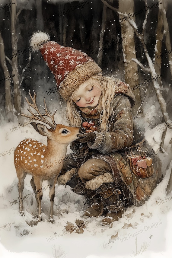 Girl and Fawn Art Print: Winter Forest Scene, Holiday Decor