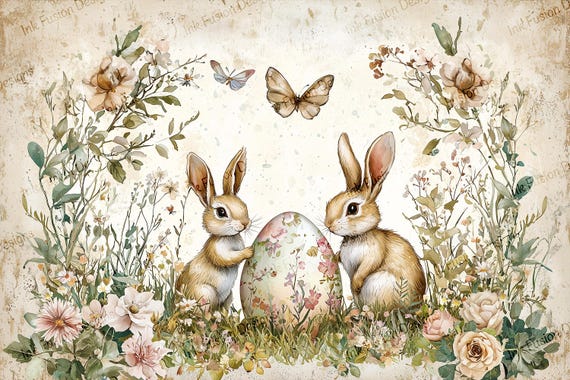 Floral Bunny Art Paper: Vintage Easter Cottage Garden Print