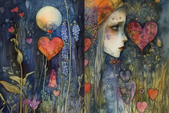 Midnight Garden Art Print: Hearts, Flowers, Dreamy Watercolor