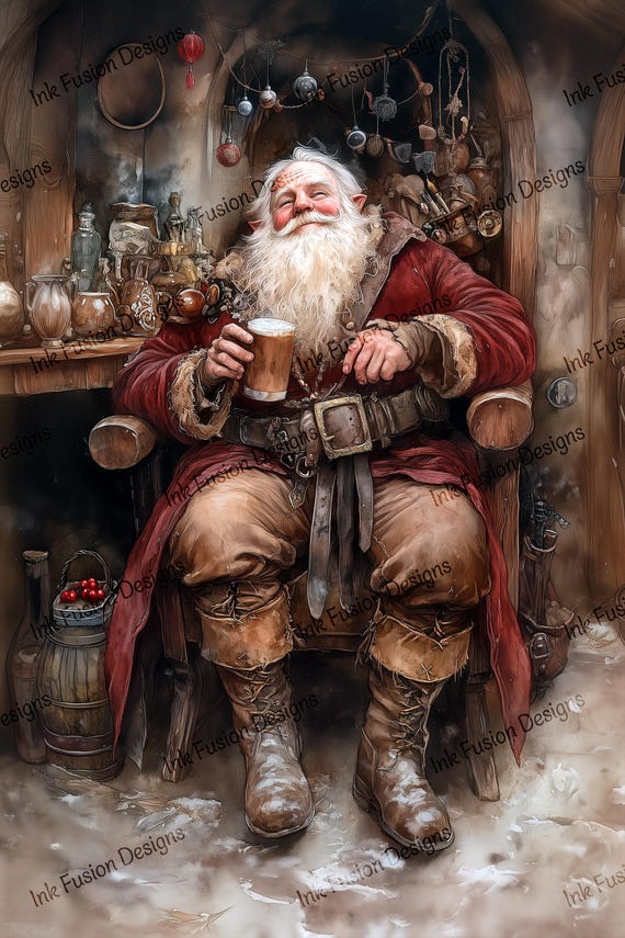 Rustic Santa Claus Art Print | Vintage Tavern Christmas Paper