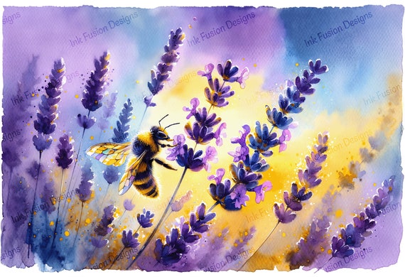 Bee and Lavender Watercolor Print: Floral Botanical Art Paper
