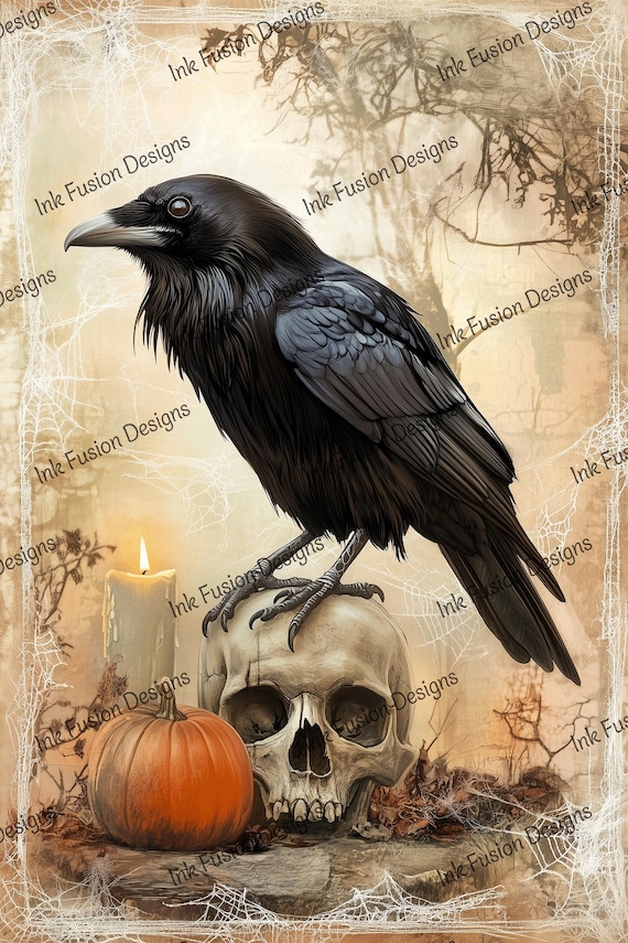 Raven Skull Art Print | Dark Academia Gothic Decor