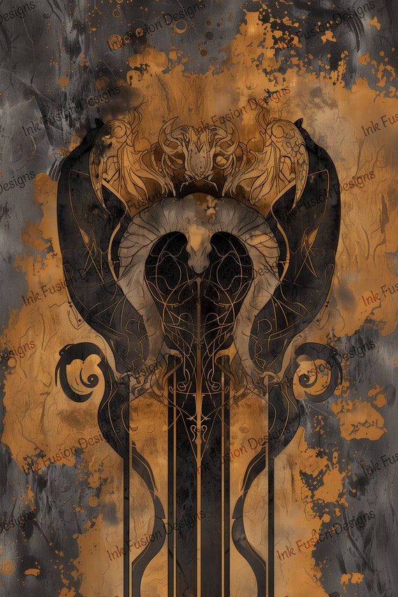 Art Deco Celestial Harp Print: Dark Mystical Guardian Art Paper