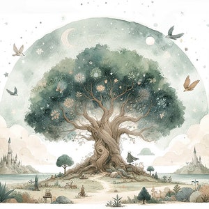 Aquarelle Arbre de vie | Papier d'art décoratif | Lune et arbre mystiques | Haute qualité | Options de papier et de format