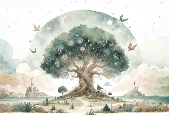 Watercolor Tree of Life Art Print: Mystical Moonlit Landscape