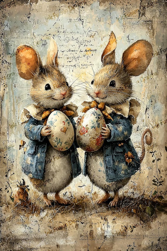 Vintage Easter Mice Art Paper: Blue Coats, Floral Eggs