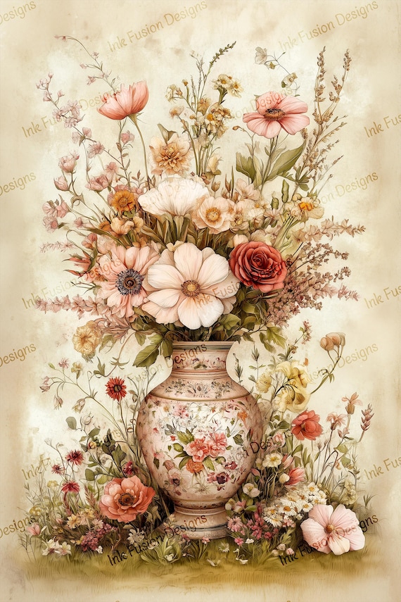 Wildflower Bouquet Art Paper: Vintage Floral Illustration
