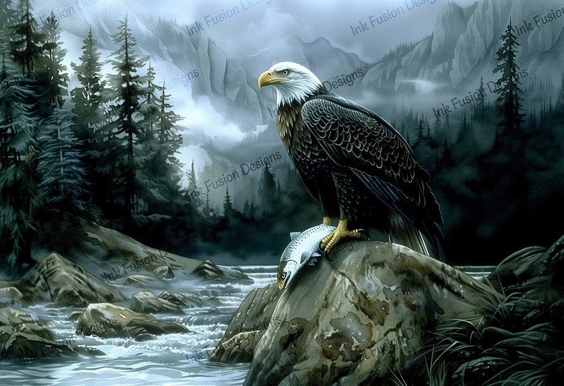 K&ouml;nnte beinhalten: Detaillierte Malerei eines Wei&szlig;kopfseeadlers, der auf einem Felsen sitzt und einen Fisch in seinen Krallen h&auml;lt. Der Adler hat wei&szlig;e Federn am Kopf und einen gelben Schnabel. Der Hintergrund zeigt einen Fluss, einen Wald und Berge.