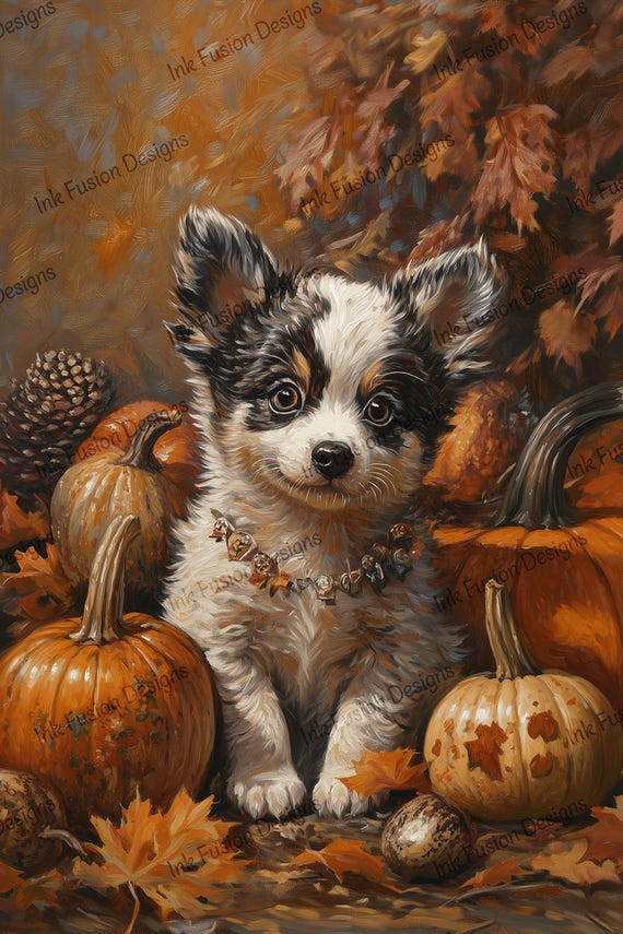 Rusty the Fall Puppy Art Print: Whimsical Farmhouse Autumn Decor