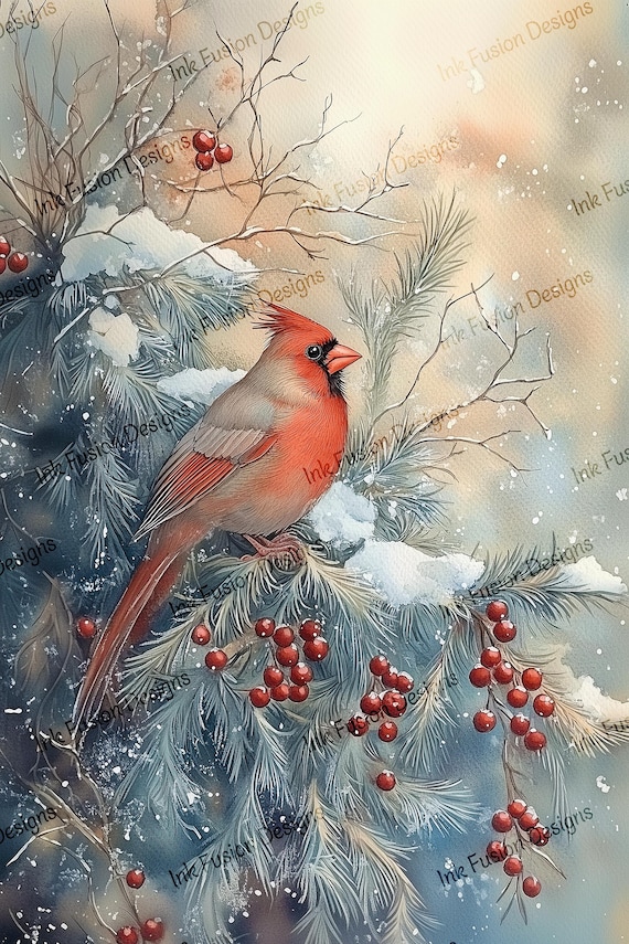 Cardinal Bird Watercolor Print: Winter Holiday Decor