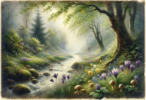 Enchanted Forest Art Print: Woodland Stream, Crocus Flowers