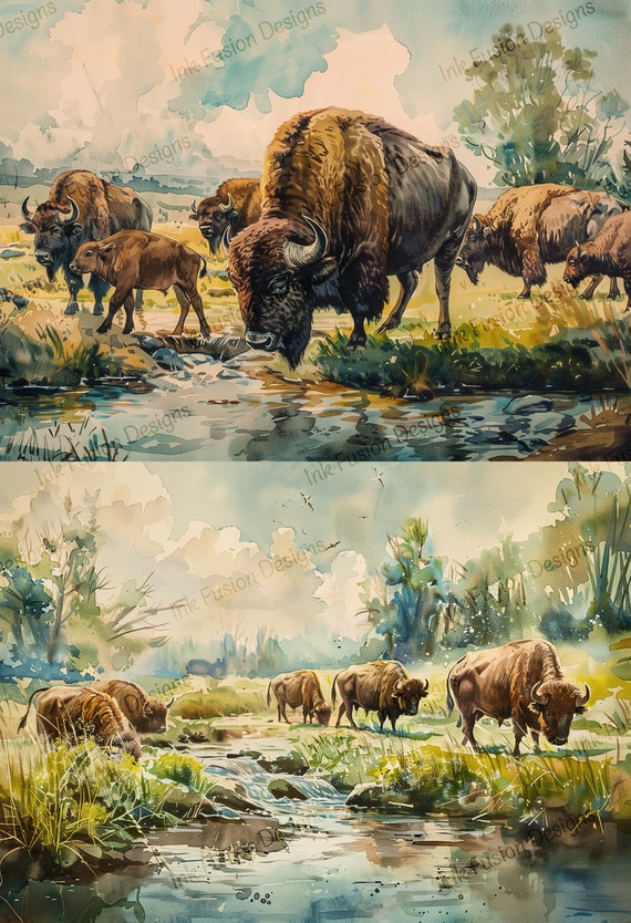 Bison Watercolor Art Paper: Prairie Landscape, Decoupage Crafting