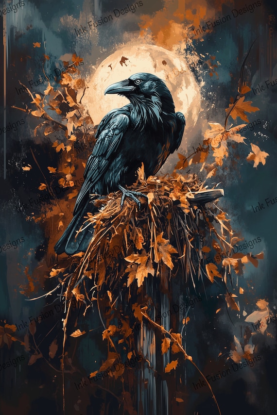 Raven and Fall Leaves Art Print: Moody Halloween Decor