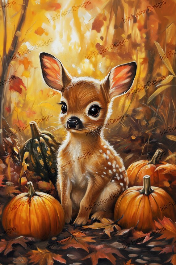 Baby Deer Autumn Leaves Art Paper: Rustic Woodland Print