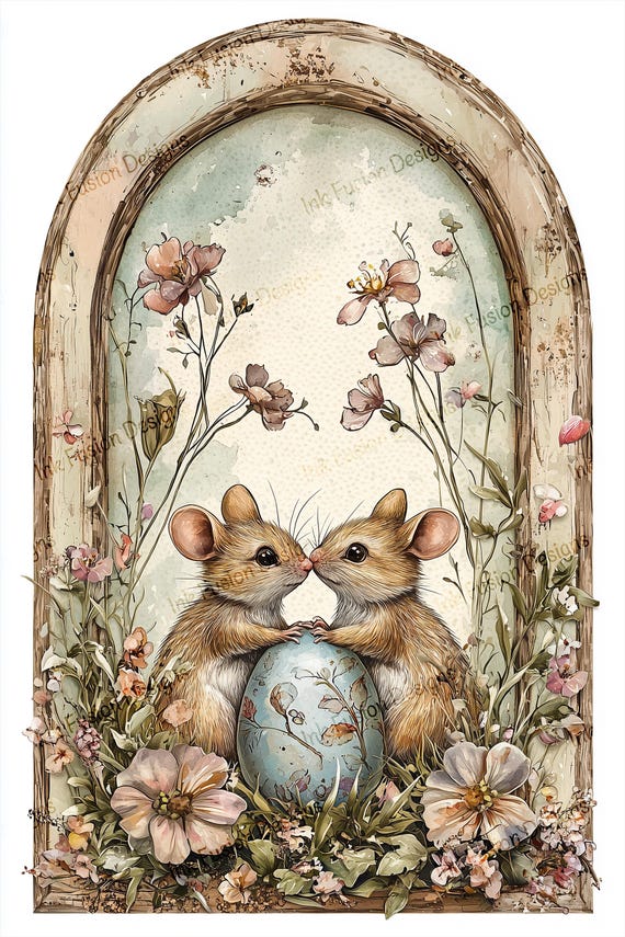 Spring Mice Art Print: Cottagecore Easter Egg, Floral Meadow