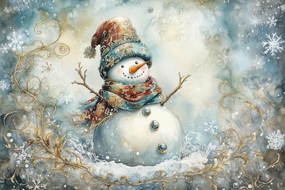 Cheerful Snowman Art Print: Winter Holiday Decor Paper