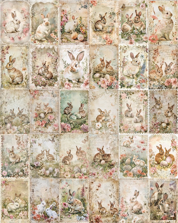 Vintage Bunnies Art Paper: Rustic Floral Rabbit Illustration Sheet