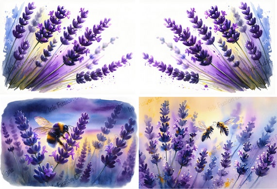 Lavender Field Watercolor Print: Bees at Dusk, Floral Art Paper