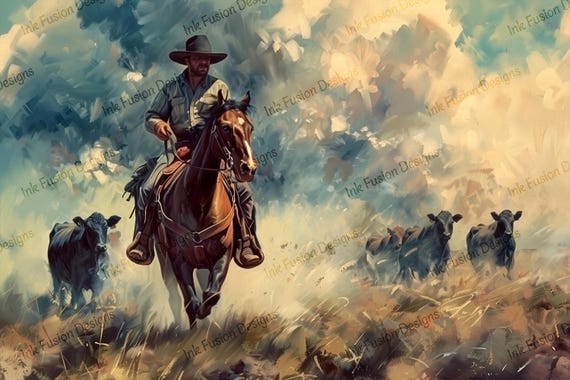Cowboy Art Print: Western Cattle Drive Decorative Paper