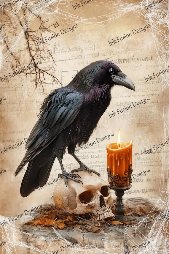 Raven Skull Art Print | Gothic Candlelit Crow Wall Decor