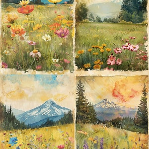 Mountain Meadows - 4 afbeeldingen, 1 vel | Decoratief kunstpapier | Rustieke alpenweide | Hoge kwaliteit | Papier- en formaatopties