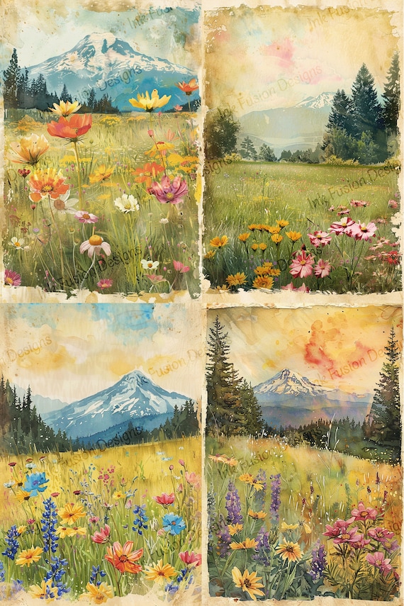Mountain Meadow Watercolor Art Paper: Rustic Floral Landscape