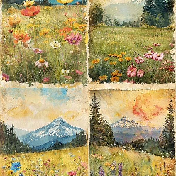 Mountain Meadows 4-Panel | Decorative Art Paper | Rustic Alpine Meadow | High Quality Print | Various Paper Types Available