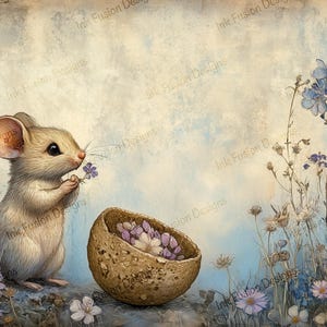 Souris Pip the Meadow | Papier d'art décoratif | Petite souris cueillant des fleurs | Haute qualité | Plusieurs options de papier et de format disponibles.