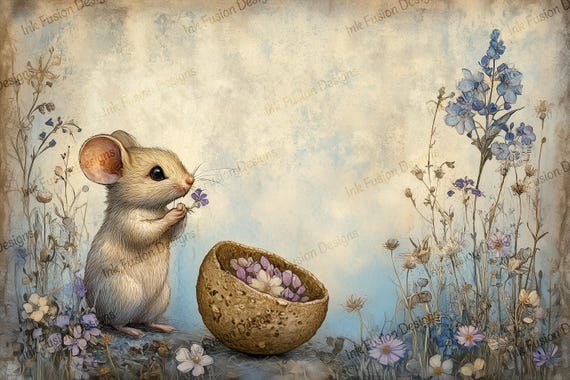 Meadow Mouse Art Print: Pip Picking Flowers, Vintage Botanical Illustration