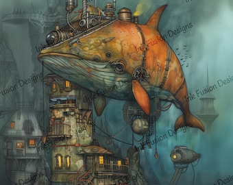 Harbor of the Skywhale – Steampunk Whale Art Print, Nautical