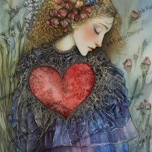 Que ton coeur soit sincère | Papier d'art décoratif | Fille tenant un coeur au clair de lune | Haute qualité | Plusieurs options de papier et de format disponibles.