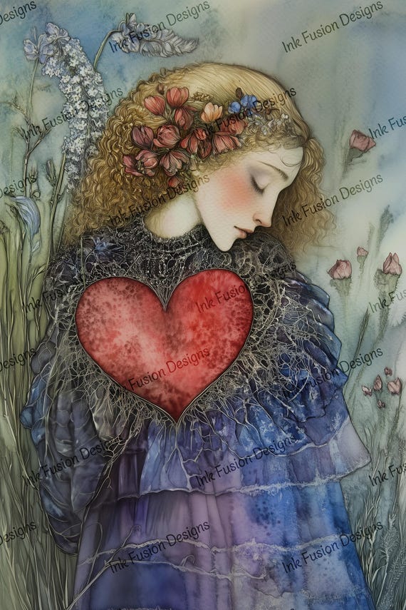 Ethereal Watercolor Print: Girl with Heart, Floral Art Paper