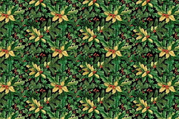 Christmas Floral Art Paper: Golden Boughs, Holly, Berries