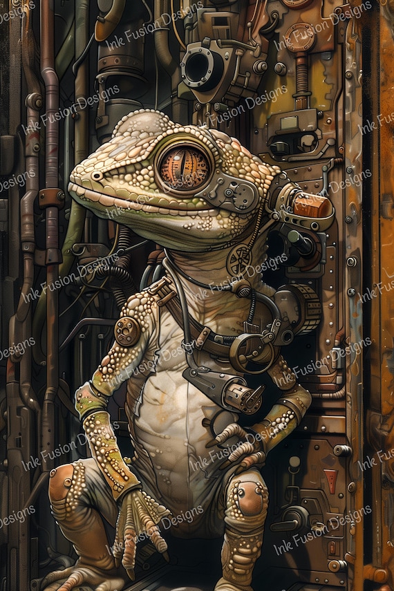 Steampunk Gecko Art Print: Cyberpunk Reptile Decorative Paper