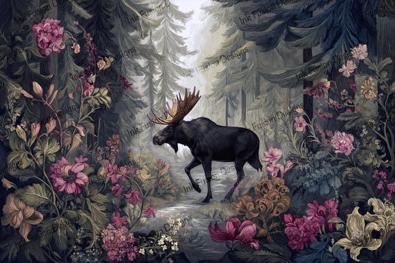 Moose in Misty Pine Forest Art Paper: Vintage Botanical Decoupage