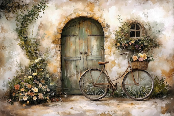 European cottage door art print, vintage bike with basket flowers, cottagecore decor, decoupage paper